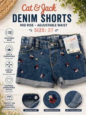 Cat & Jack 2T Denim Shorts NWT Floral Embroidered Mid Rise Adjustable